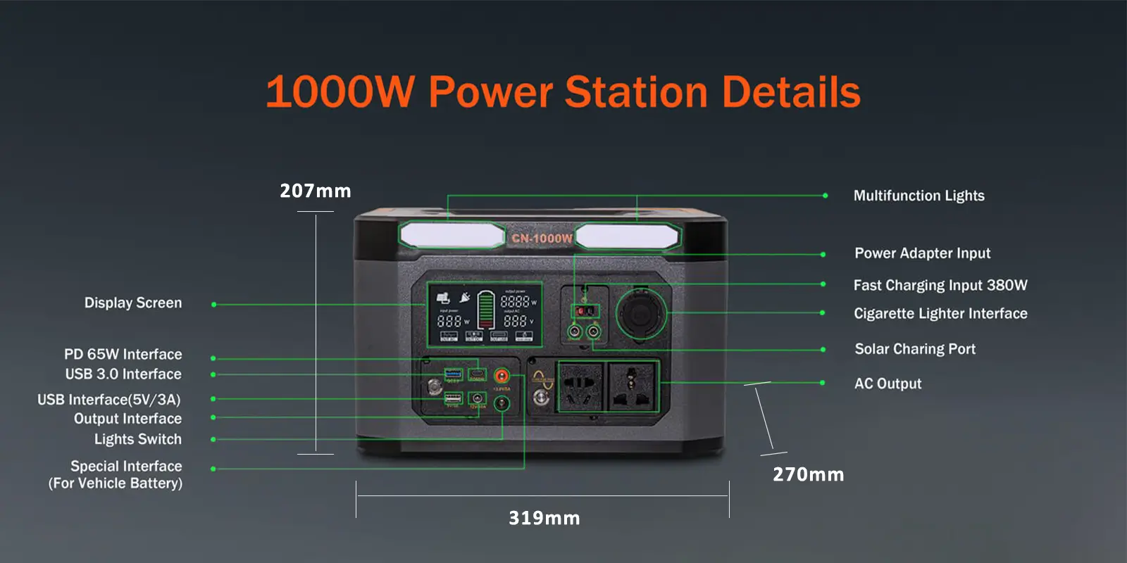 1000W portable power station panel information and dimensions