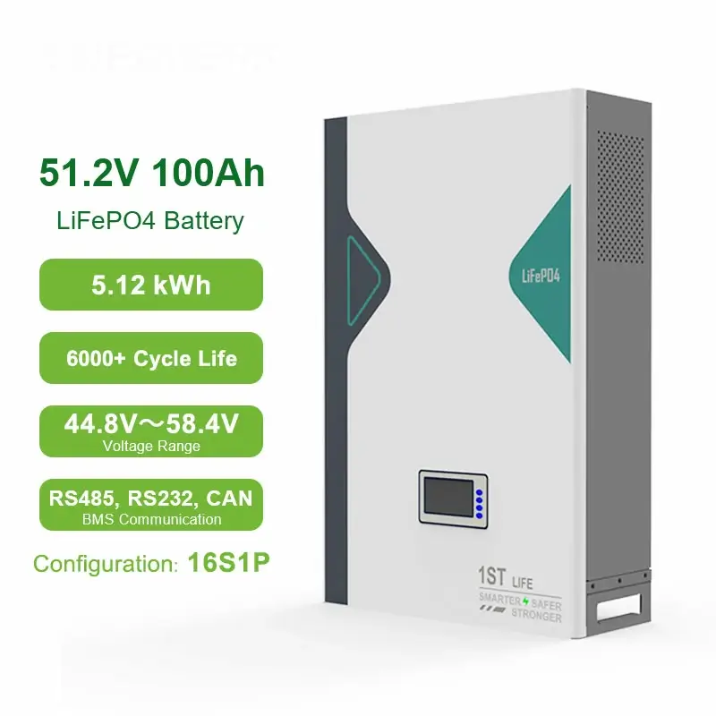 51.2V 100Ah Wall-mounted LiFePO4 Battery 5kWh