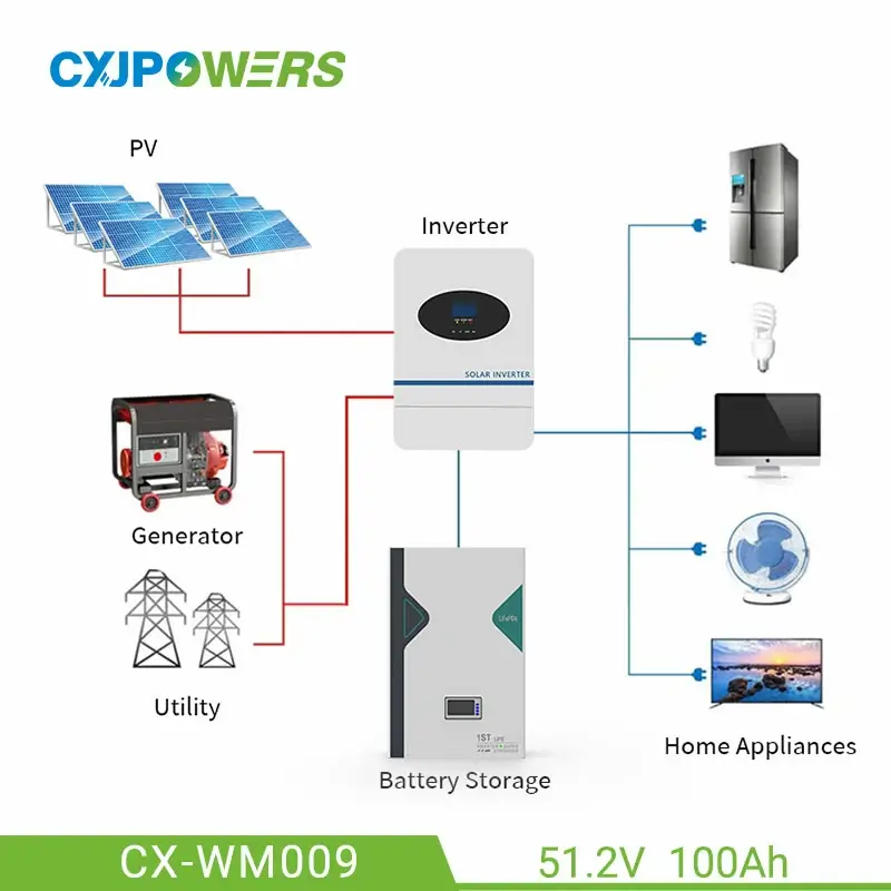 51.2V 100Ah Wall-mounted LiFePO4 Battery 5kWh