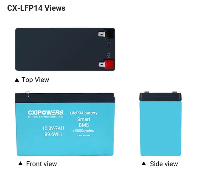 Views of 12V 7Ah LiFePO4 battery CX-LFP14